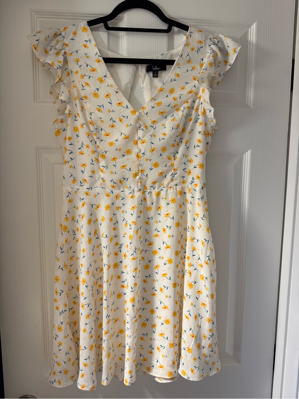 Lulu's White Floral V-Neck Mini Dress with Yellow Print